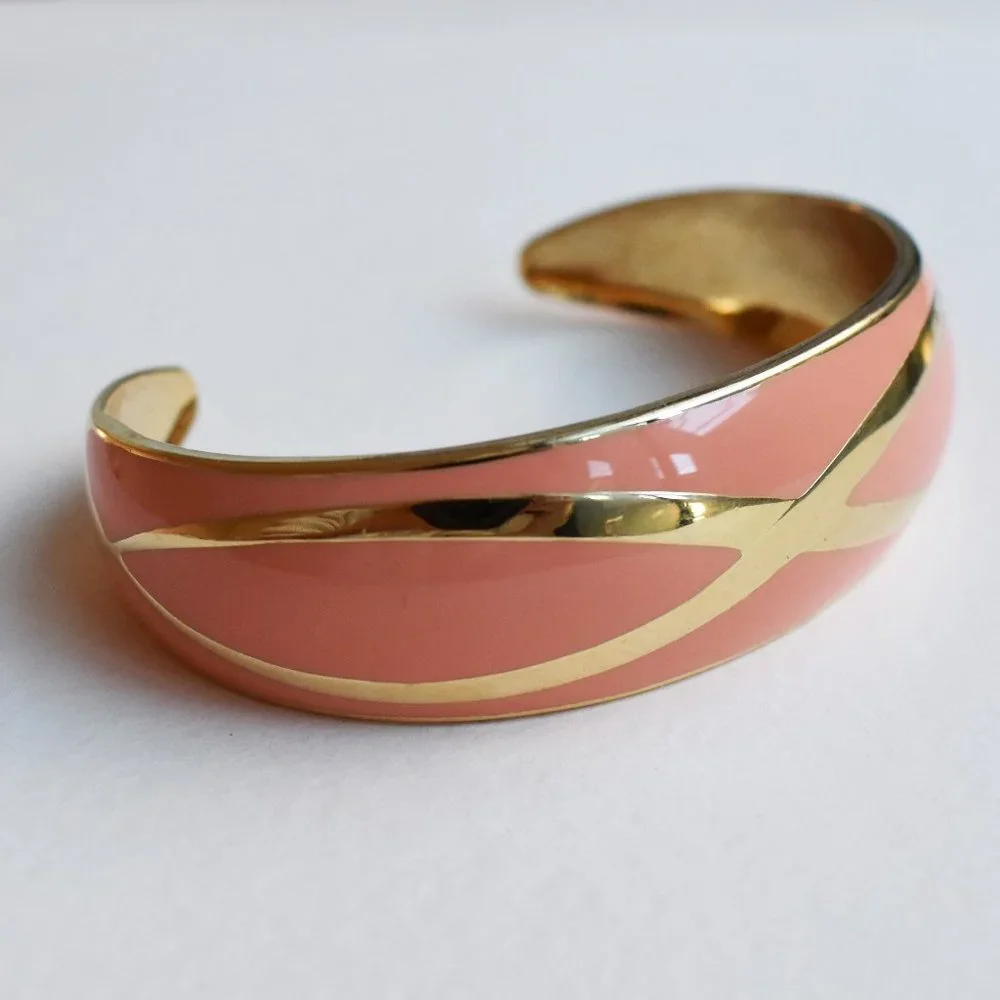 Blush orange enamel stud earrings, cuff bangle bracelet, gold summer jewelry set